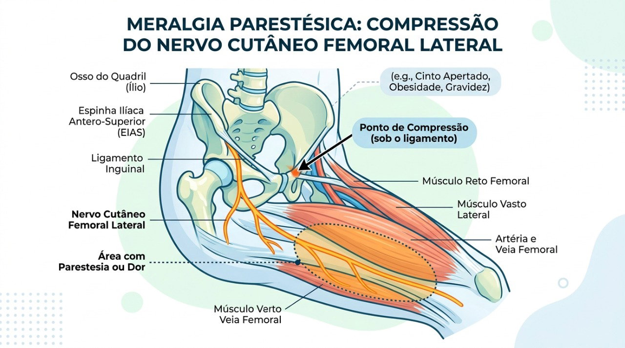 Na meralgia parestésica, a compressão do nervo cutâneo femoral lateral pode causar ardência, formigamento e dormência.