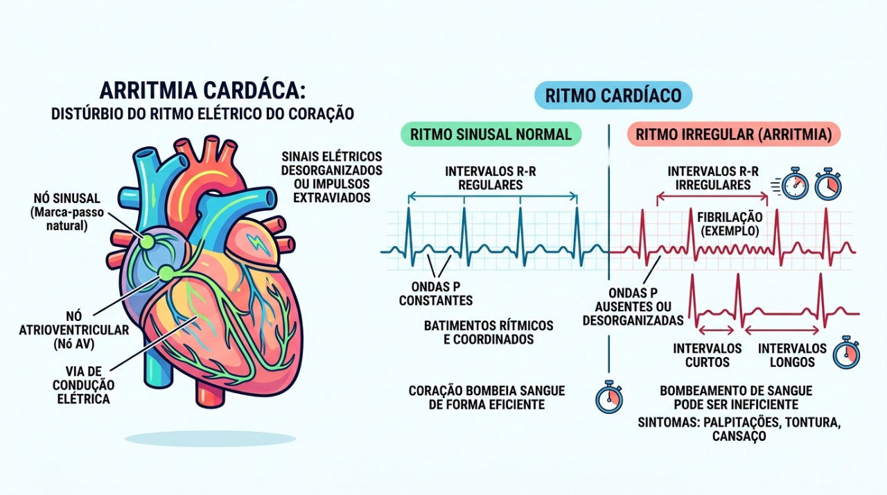 Arritmias podem fazer o coração bater rápido, devagar ou de forma irregular e causar palpitações.