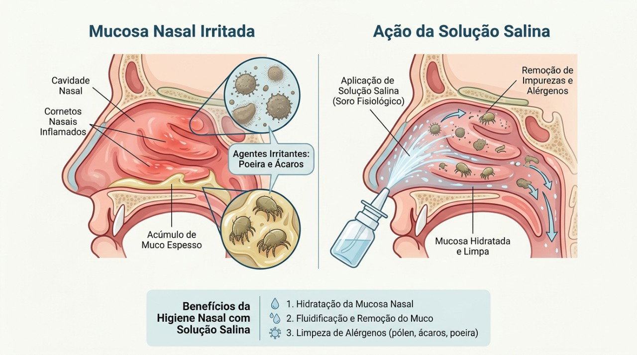 Poeira e ácaros podem desencadear rinite alérgica, e a lavagem nasal ajuda a remover partículas da mucosa.