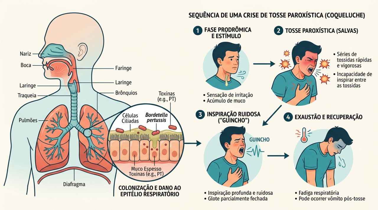 Na coqueluche, a tosse pode surgir em ataques repetidos e persistir por várias semanas.
