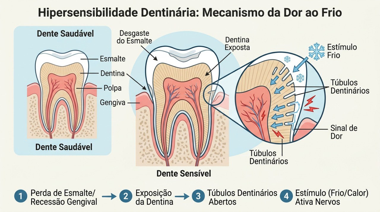 A exposição da dentina pode provocar dor rápida e aguda em contato com frio, calor ou alimentos doces.