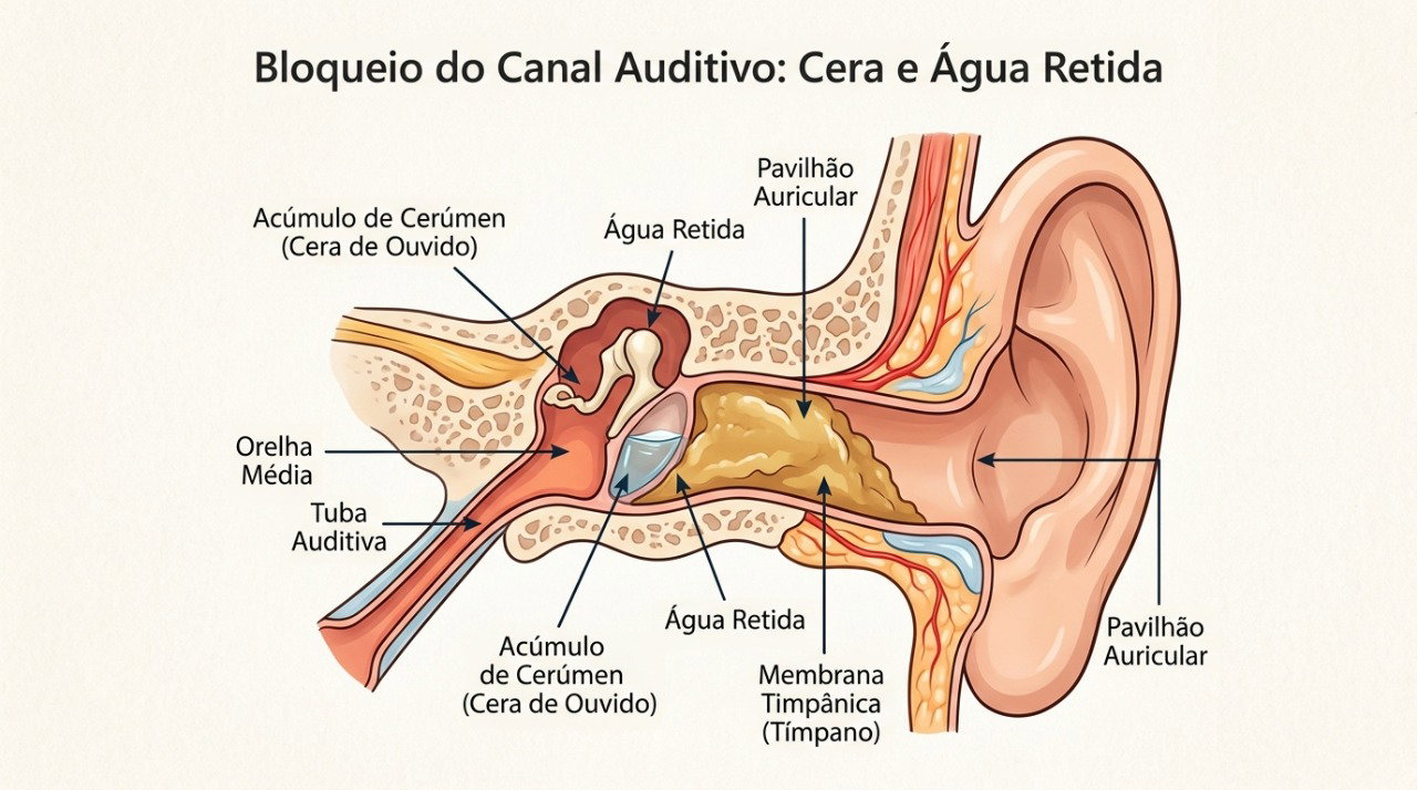 A cera acumulada pode dificultar a saída da água e causar sensação de ouvido cheio ou abafado.
