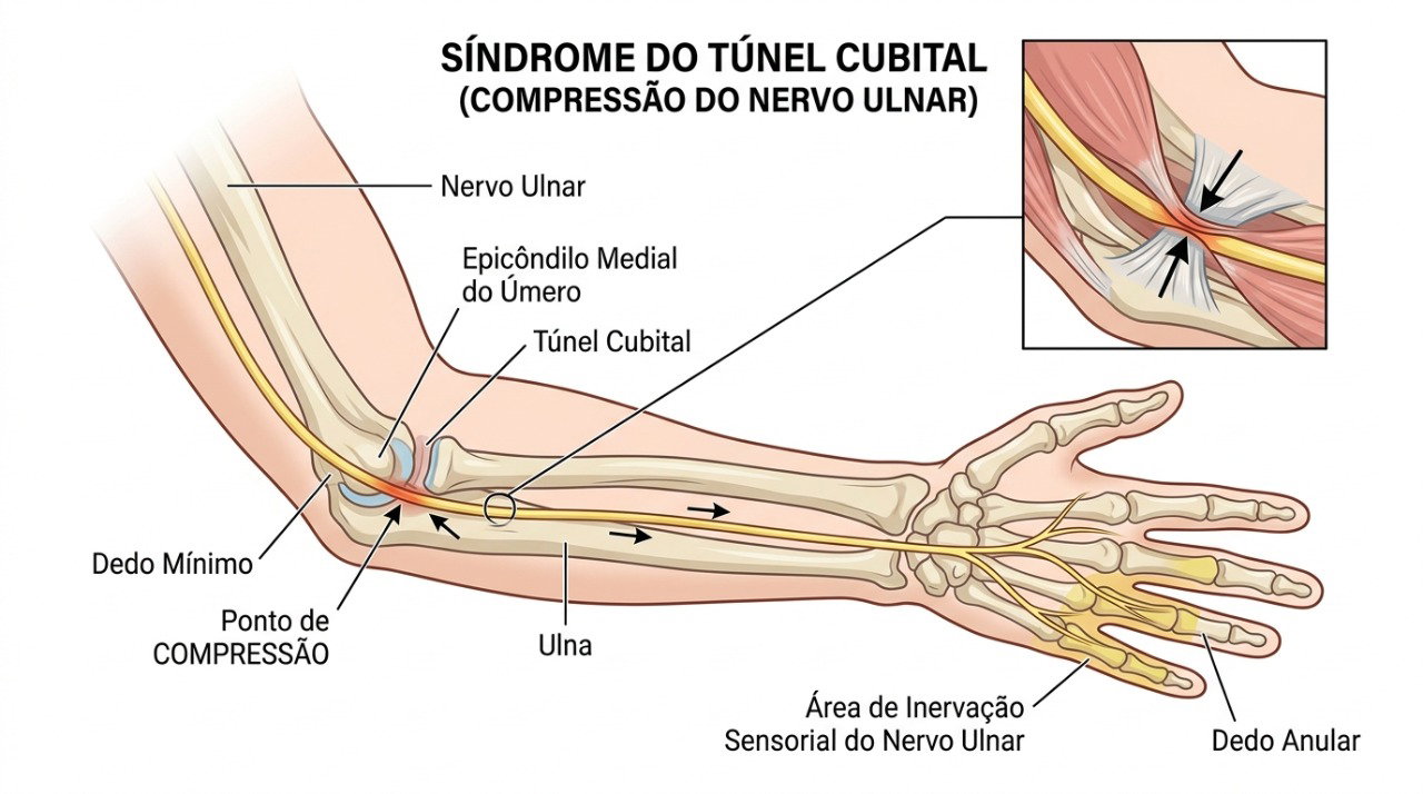 A compressão do nervo ulnar no cotovelo pode causar formigamento, dormência e perda de força na mão.