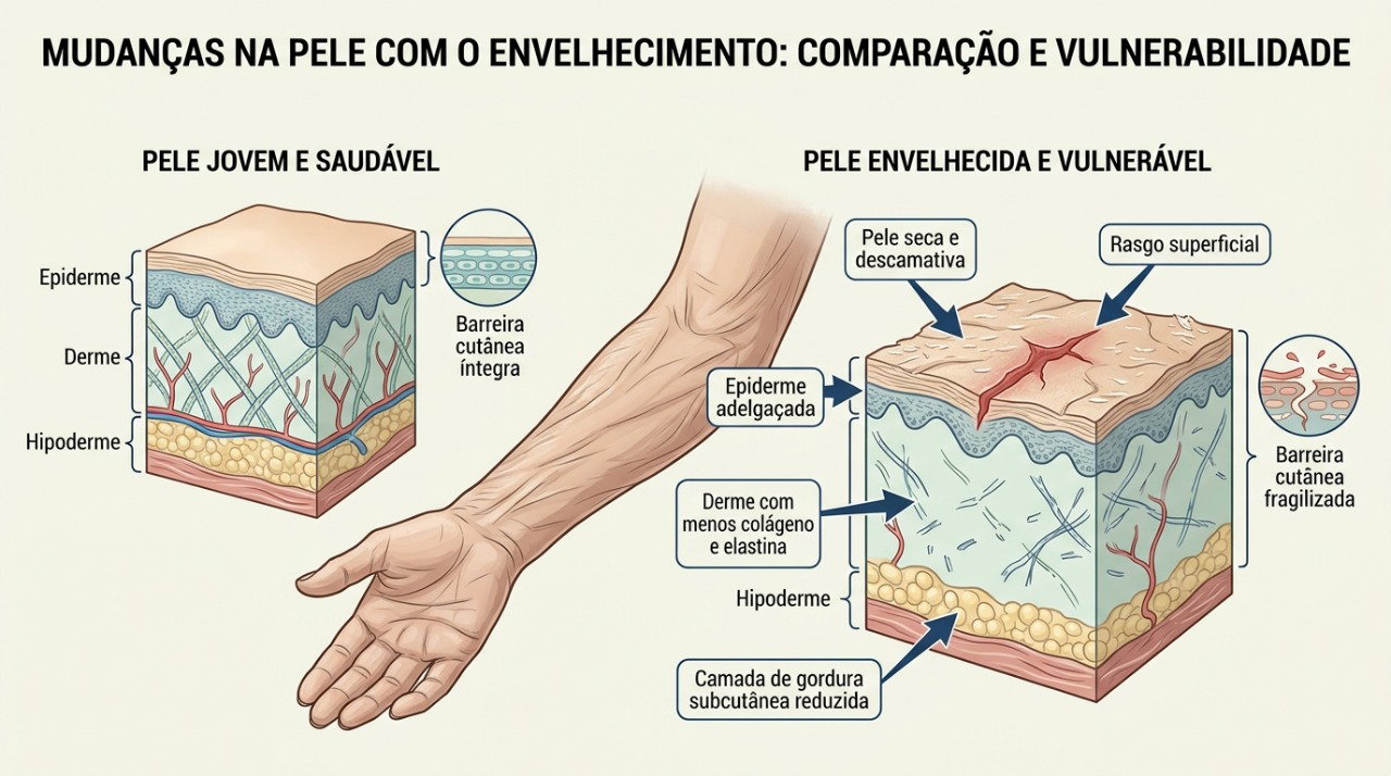 Com a idade, a pele pode ficar mais fina, seca e suscetível a cortes, hematomas e cicatrização lenta.