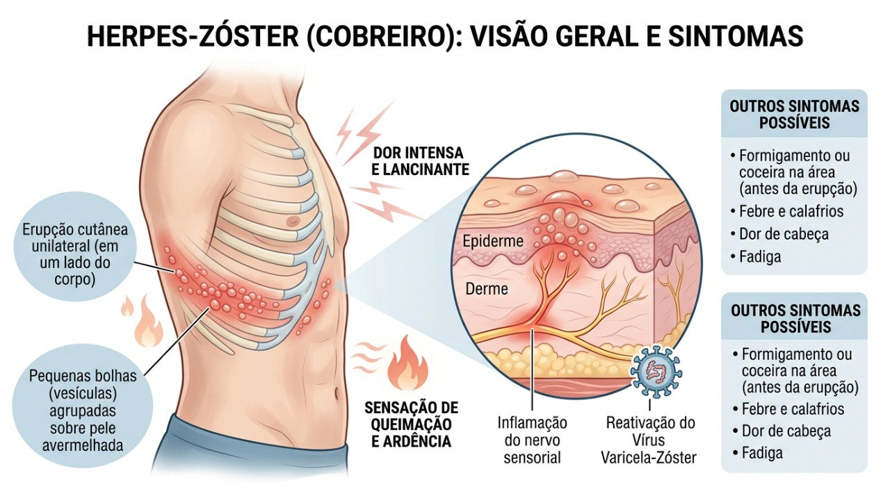 Bolhas agrupadas em faixa e dor localizada de um lado do corpo aumentam a suspeita de herpes-zóster.