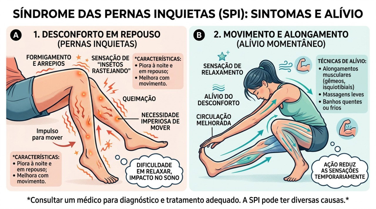 Nas pernas inquietas, o desconforto piora no repouso e costuma melhorar temporariamente com movimento ou alongamento.