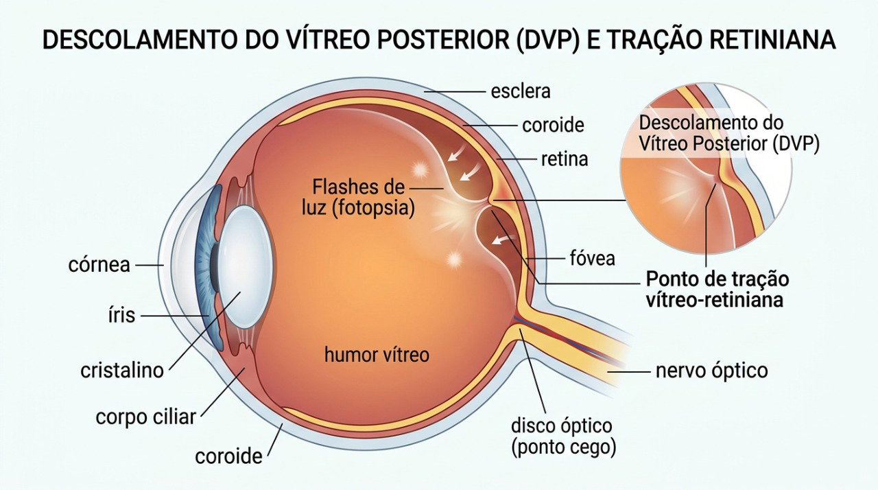 Alterações do vítreo podem tracionar a retina e causar flashes, moscas volantes ou até rasgos.