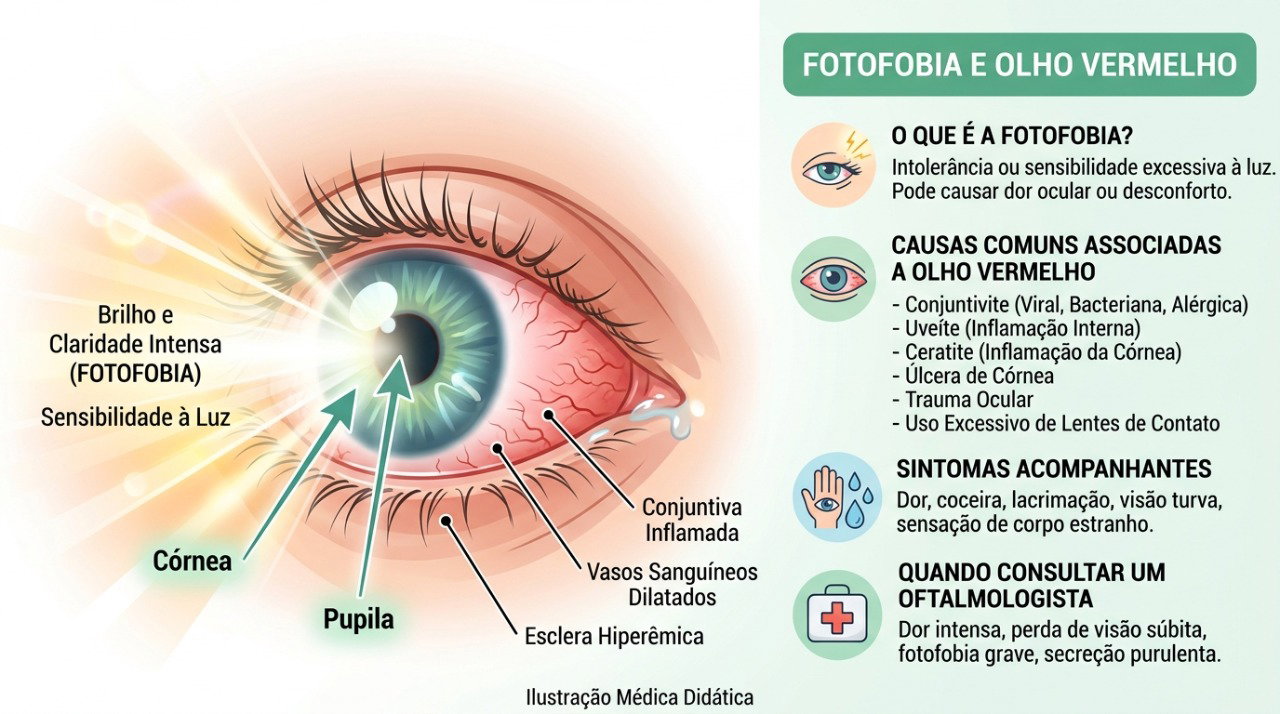 Dor, fotofobia e alteração da visão podem indicar causas mais sérias de olho vermelho.