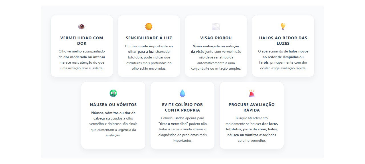 Olho vermelho com dor ou sensibilidade à luz: sinais que exigem avaliação rápida