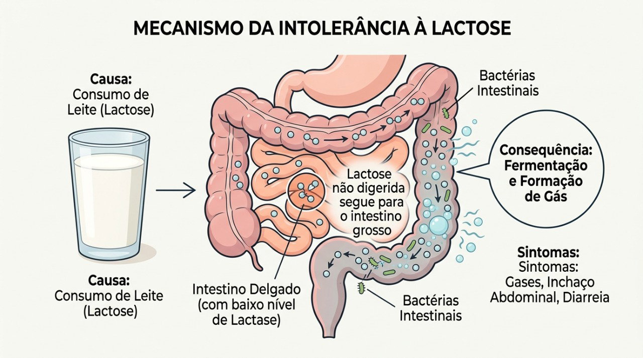 A lactose não digerida pode chegar ao intestino grosso e favorecer gases, inchaço e diarreia.
