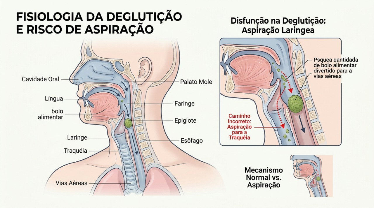 Na disfagia, alimentos ou líquidos podem seguir para as vias respiratórias e aumentar o risco de aspiração.