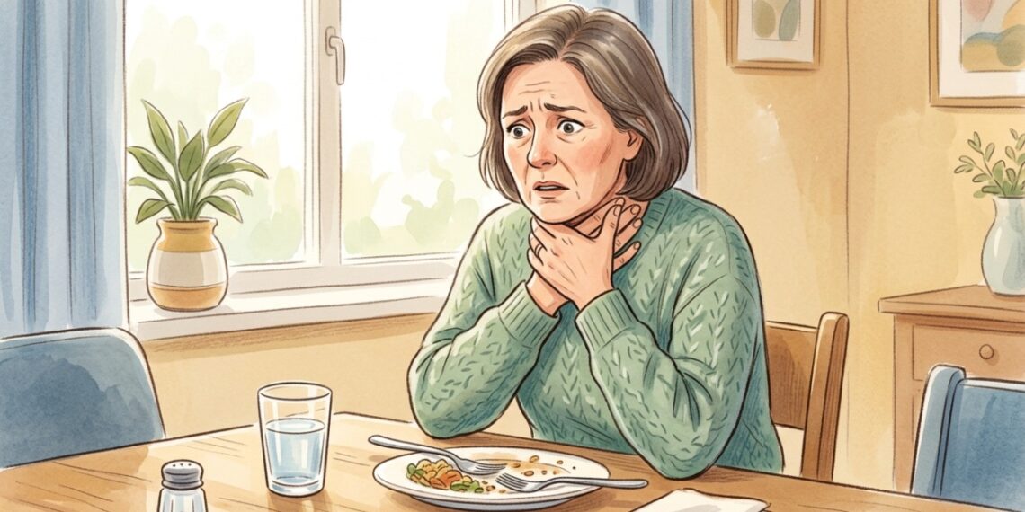 Engasgos frequentes ao comer ou tomar comprimidos podem indicar dificuldade para engolir.