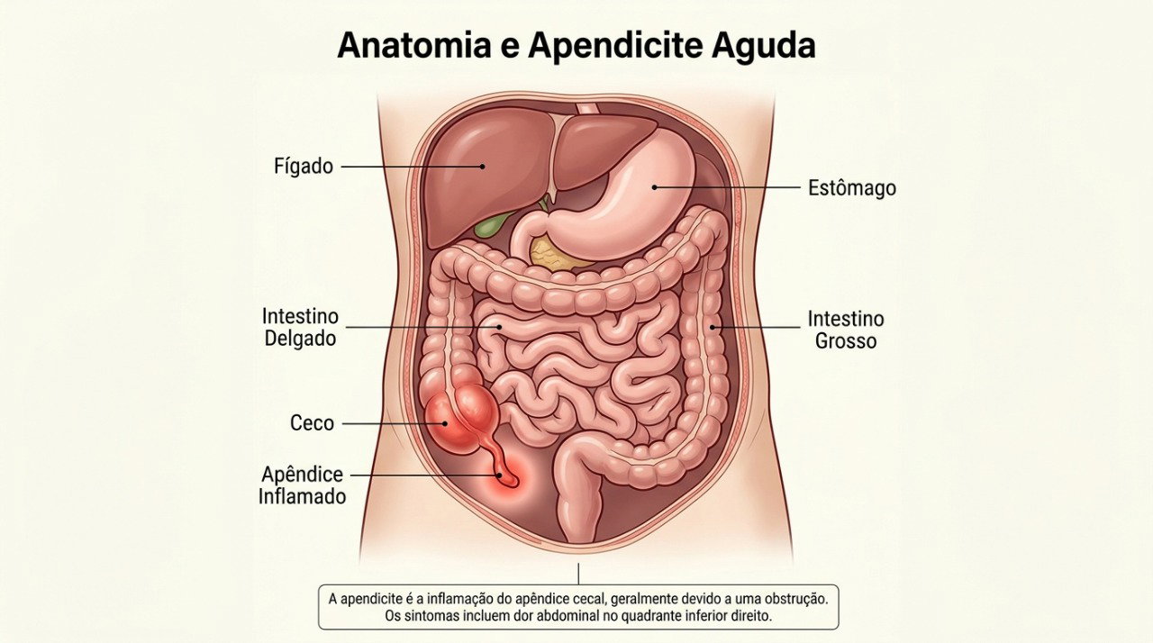 Na apendicite, a dor pode começar perto do umbigo e depois se concentrar no lado inferior direito.