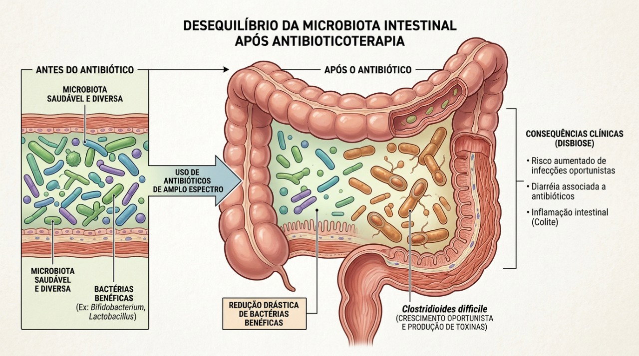 Antibióticos podem alterar a microbiota intestinal e, em alguns casos, favorecer infecções como a causada por C. difficile.