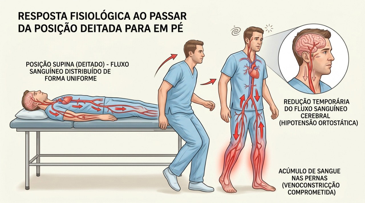 Na hipotensão ortostática, a pressão pode cair ao ficar de pé e causar tontura, fraqueza ou sensação de desmaio.