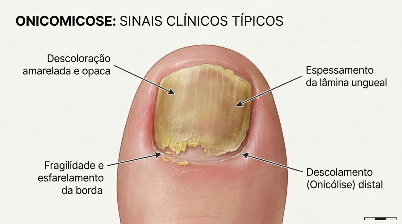 Espessamento, mudança de cor e fragilidade estão entre os sinais que podem aparecer na micose de unha.