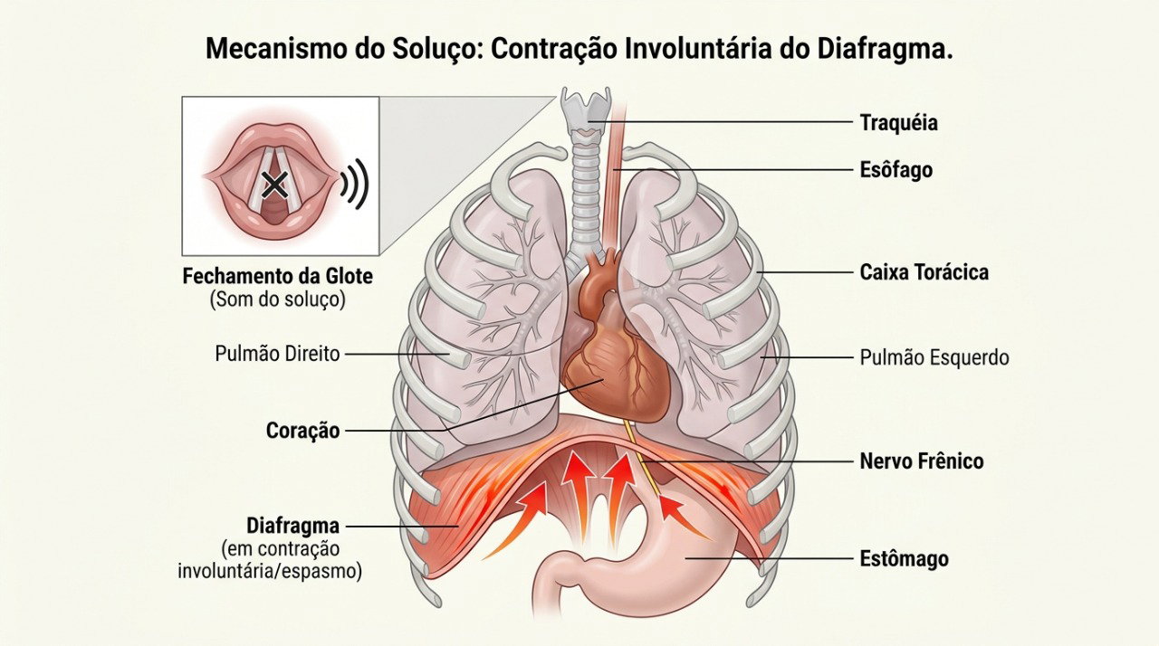 O soluço ocorre por contrações involuntárias do diafragma seguidas pelo fechamento rápido da glote.