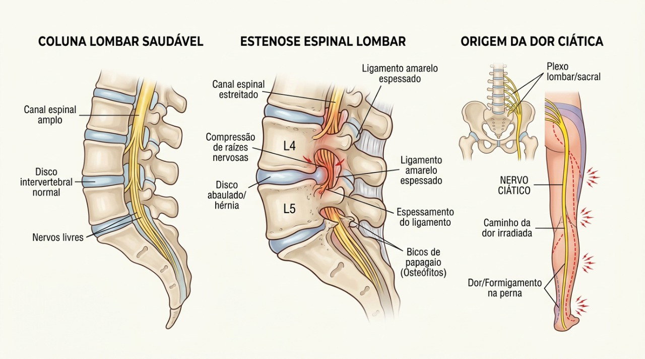 Na estenose lombar, o estreitamento do canal pode irritar nervos e causar sintomas nas pernas.