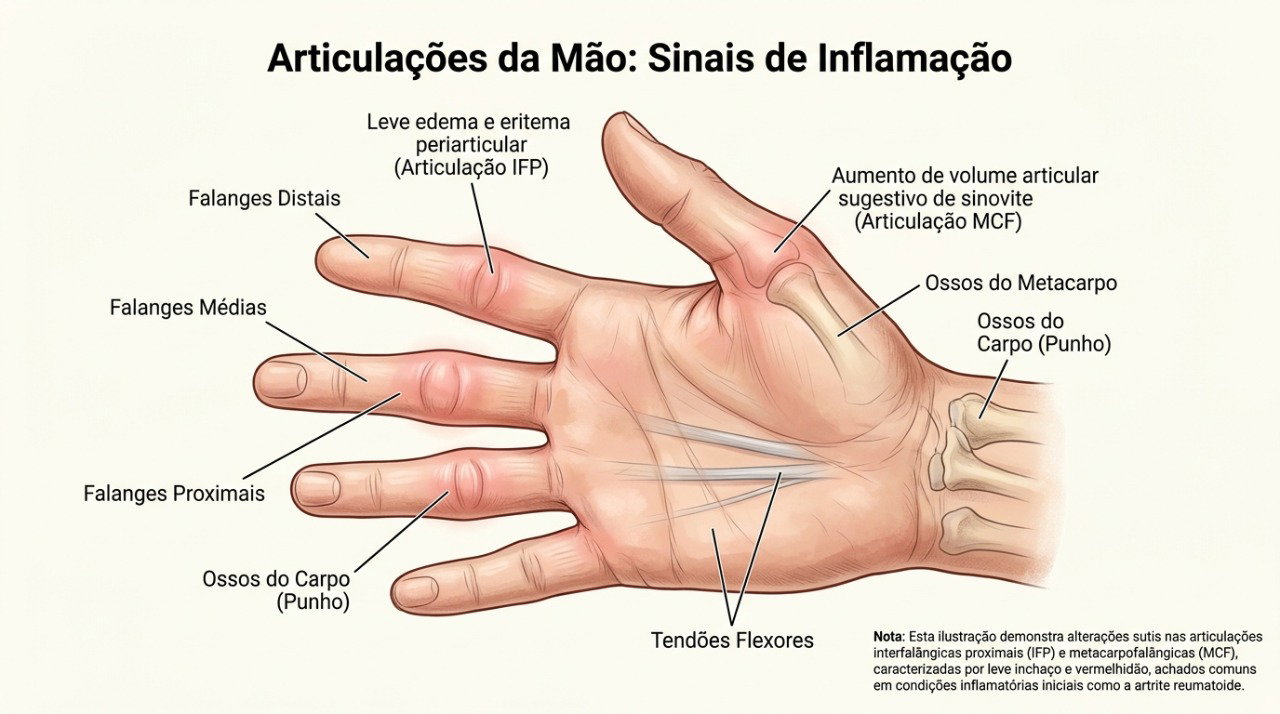 Inchaço, calor e sensibilidade nas articulações podem acompanhar quadros inflamatórios das mãos.