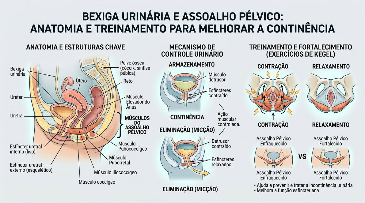 Treino da bexiga e exercícios do assoalho pélvico podem fazer parte do tratamento da urgência urinária.