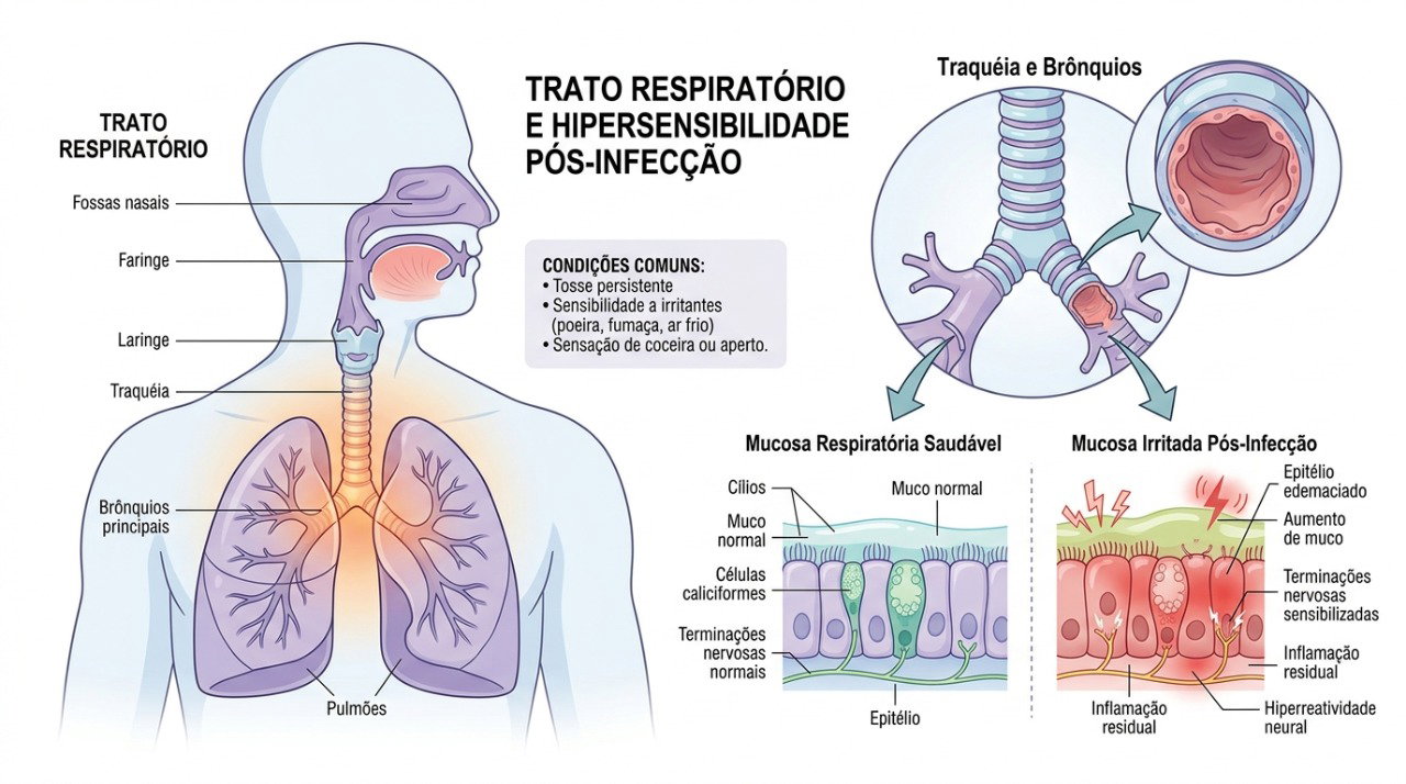 A irritação das vias respiratórias pode manter o reflexo da tosse ativo durante a recuperação.