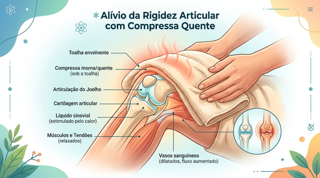 A compressa morna pode aliviar a rigidez do joelho e facilitar os movimentos nos dias frios.