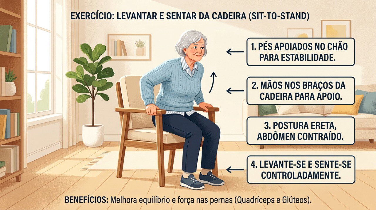 O exercício de sentar e levantar da cadeira ajuda a fortalecer as pernas e melhorar a mobilidade.