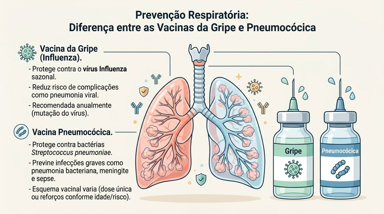 As vacinas da gripe e pneumocócica oferecem proteção contra agentes infecciosos diferentes e podem ser complementares.