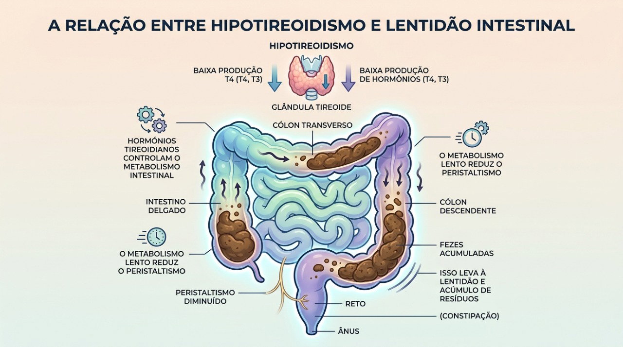 O hipotireoidismo pode diminuir os movimentos intestinais e favorecer a prisão de ventre.