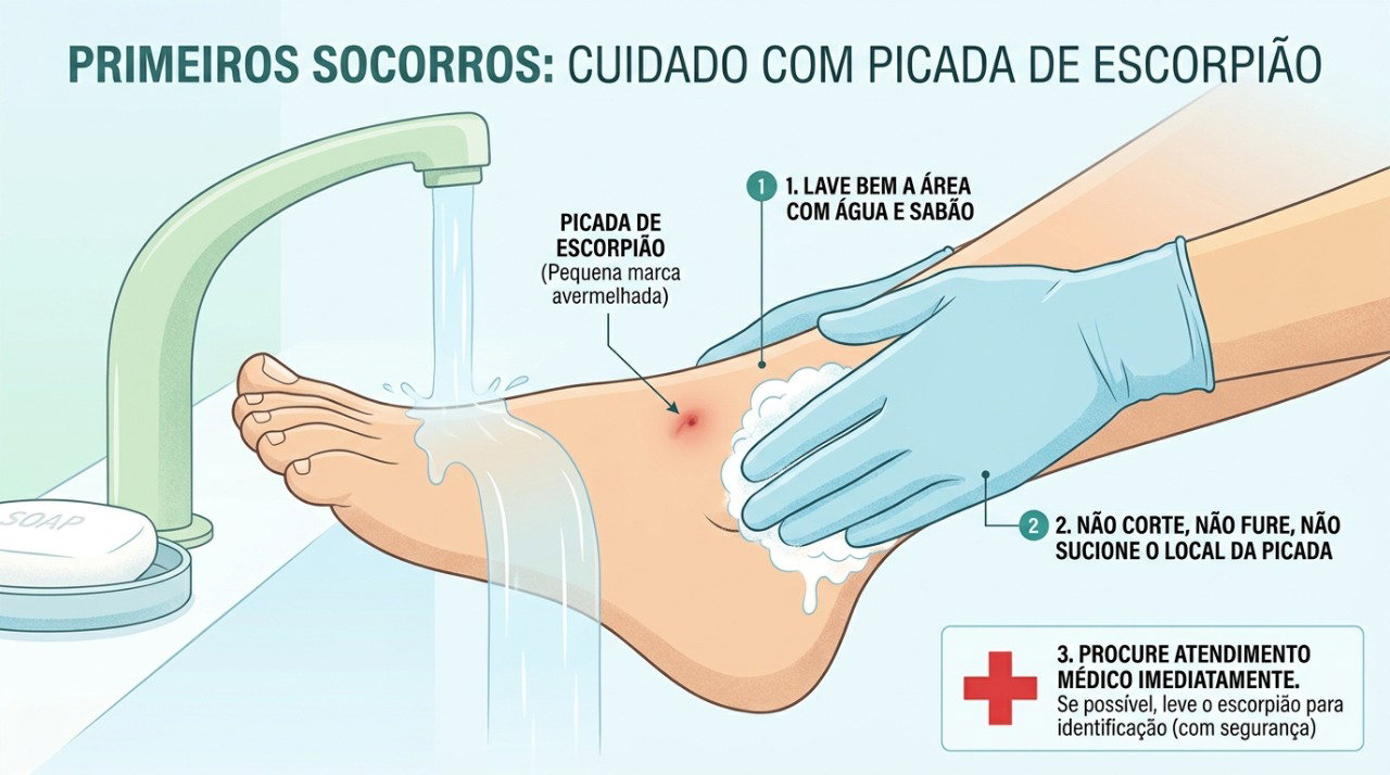 Lavar o local da picada com água e sabão é um dos primeiros cuidados antes do atendimento médico.
