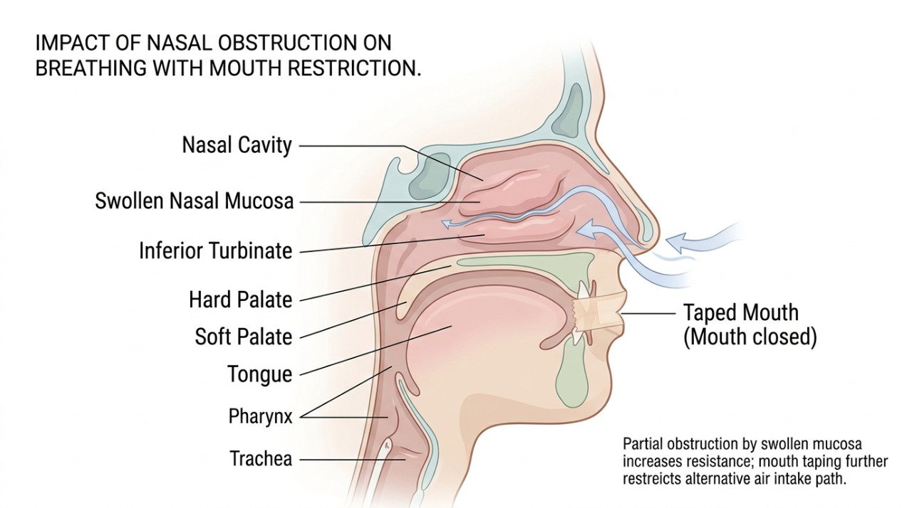 A obstrução nasal pode dificultar a entrada de ar quando a respiração pela boca é bloqueada.