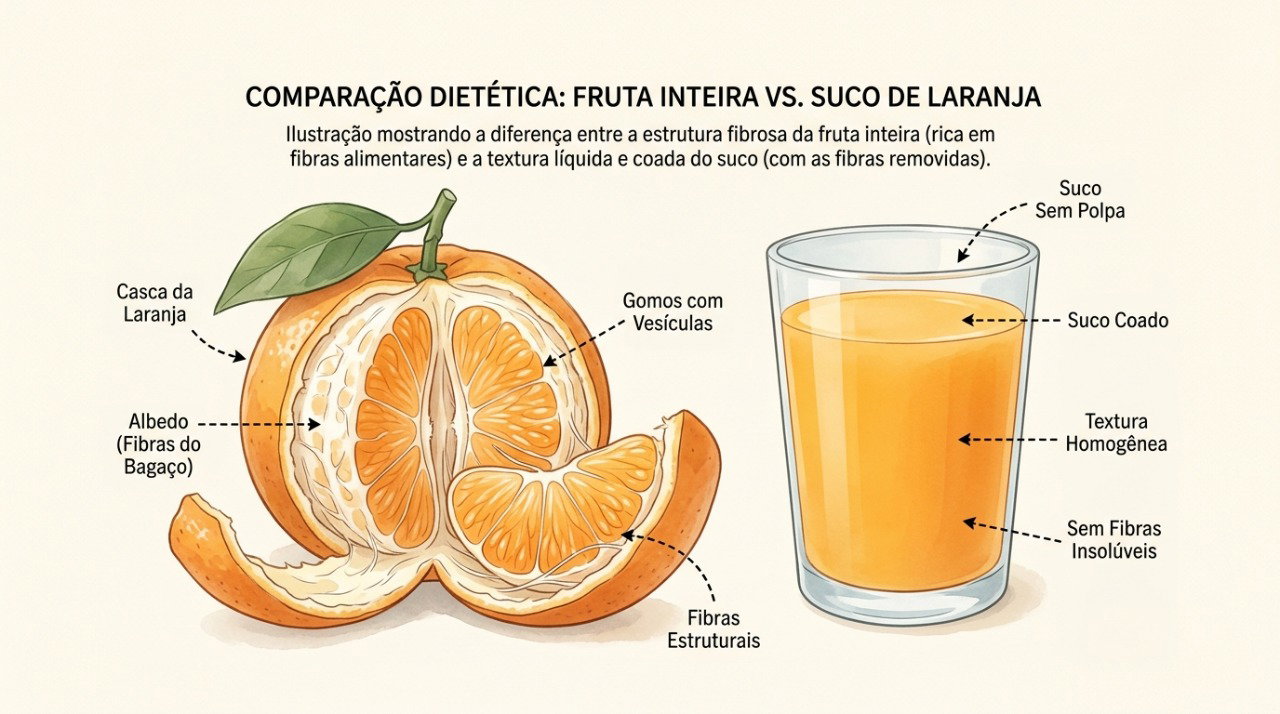A fruta inteira preserva mais fibras, enquanto o suco pode concentrar os açúcares naturais de várias frutas.