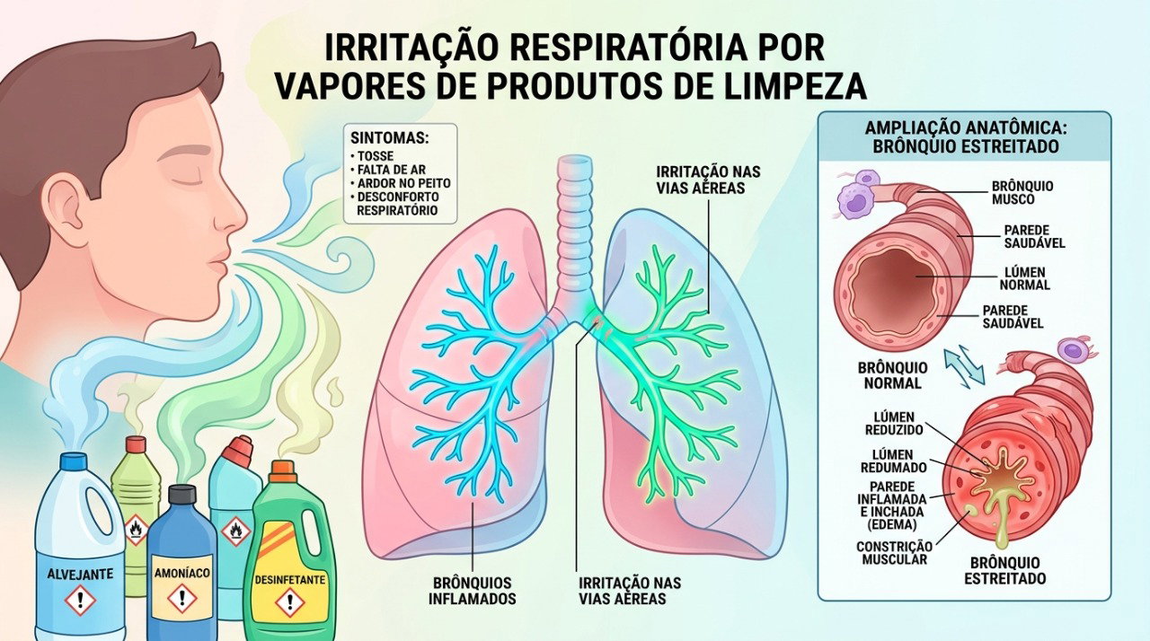 A inalação de substâncias irritantes pode provocar estreitamento dos brônquios, tosse e chiado.