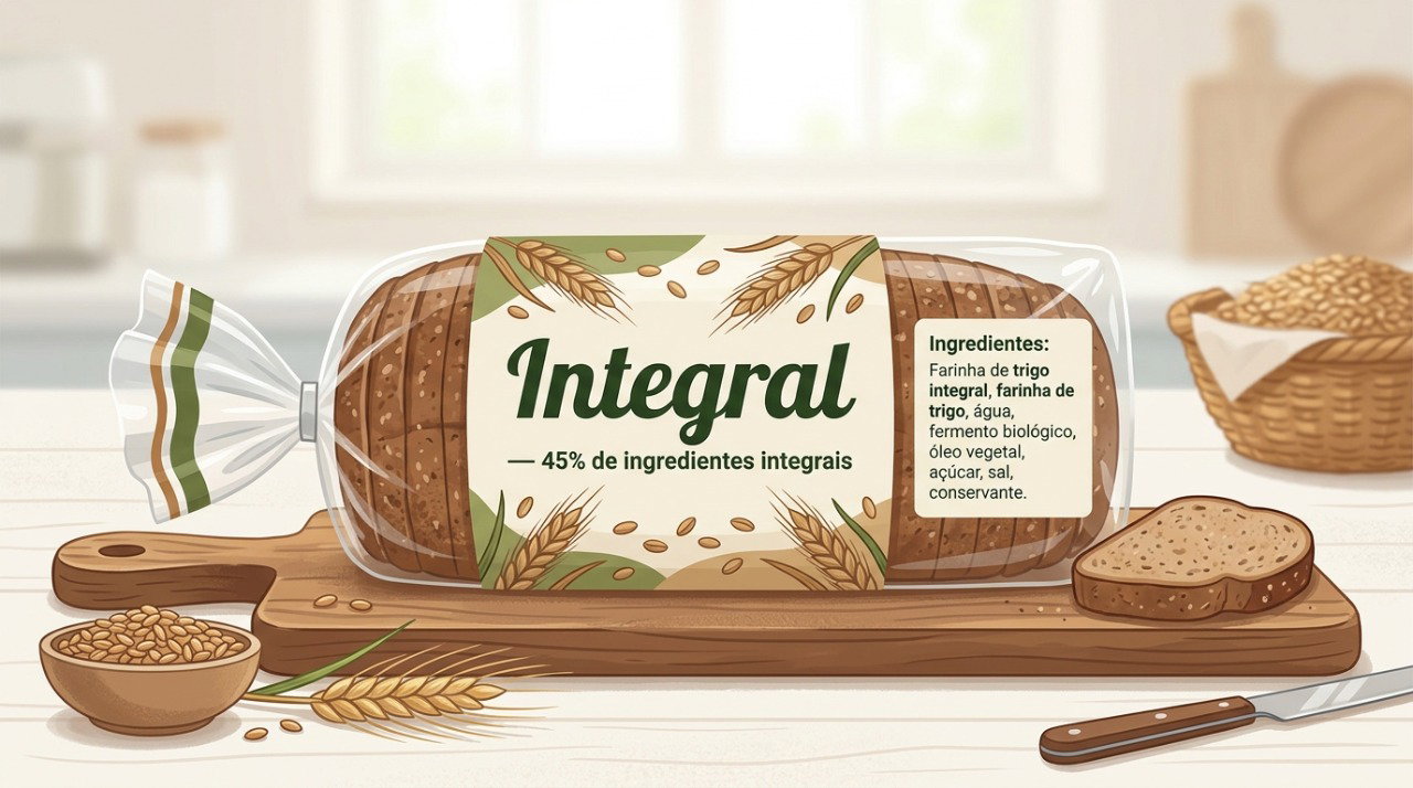 O percentual de ingredientes integrais e a lista de ingredientes ajudam a identificar a composição do pão.