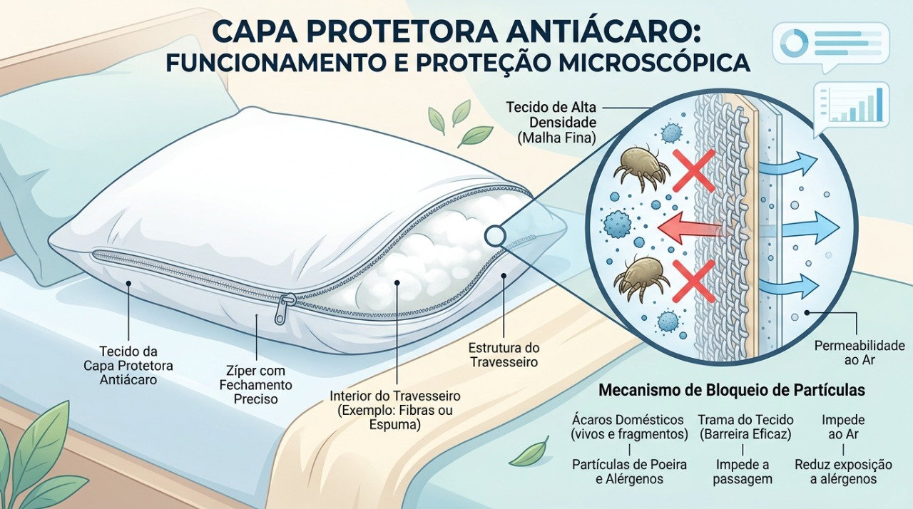 Capas antiácaros podem ajudar a reduzir a exposição aos alérgenos presentes nos travesseiros.
