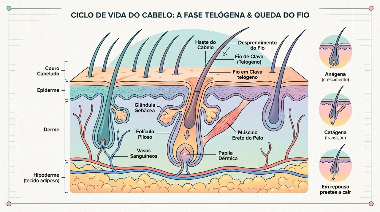 No eflúvio telógeno, alterações no ciclo capilar explicam por que os fios caem meses após a febre.