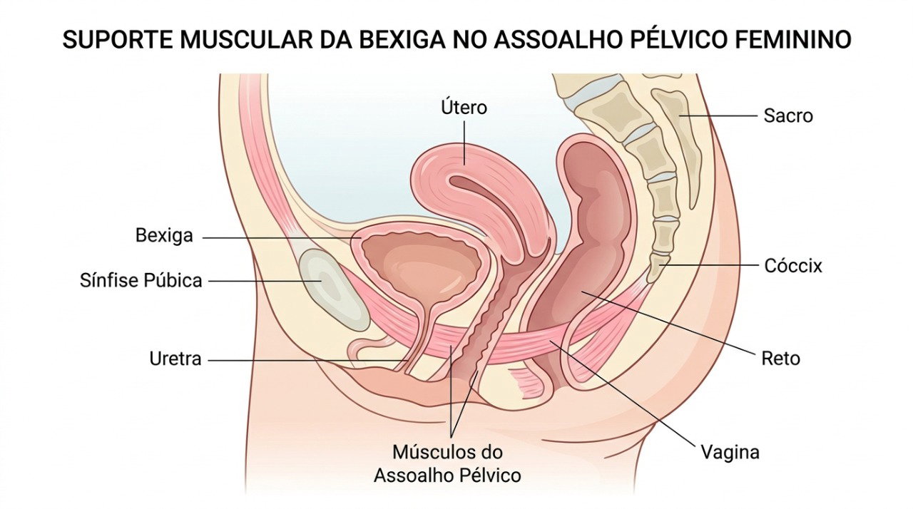 Os músculos do assoalho pélvico ajudam a sustentar a bexiga e controlar os escapes de urina.