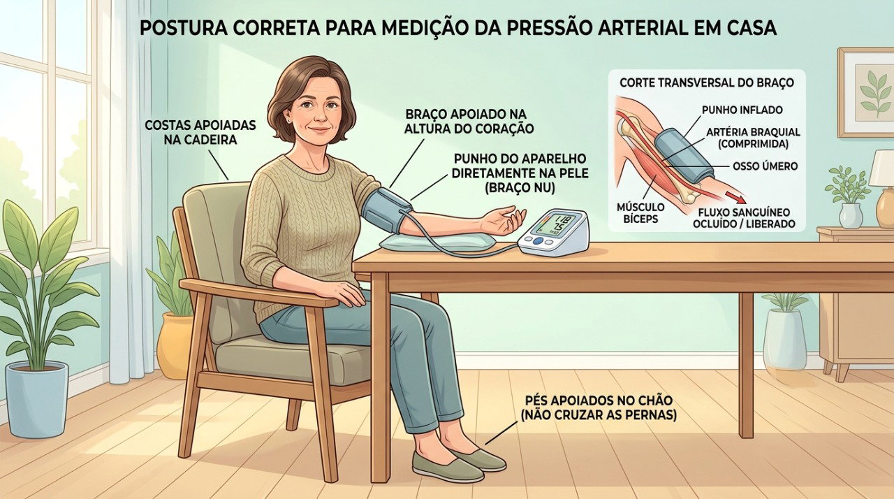 A postura correta e o braço apoiado na altura do coração ajudam a obter medidas mais confiáveis da pressão arterial.