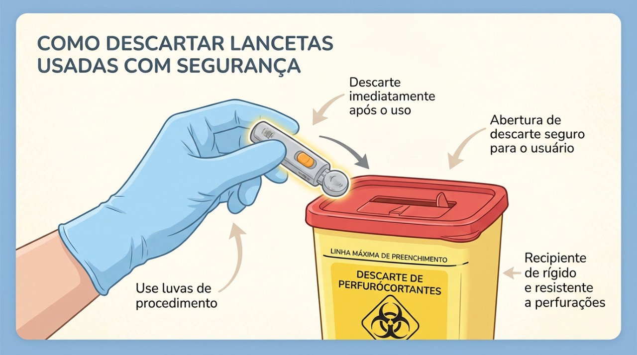 Lancetas usadas devem ser descartadas em coletores apropriados para evitar acidentes e exposição ao sangue.
