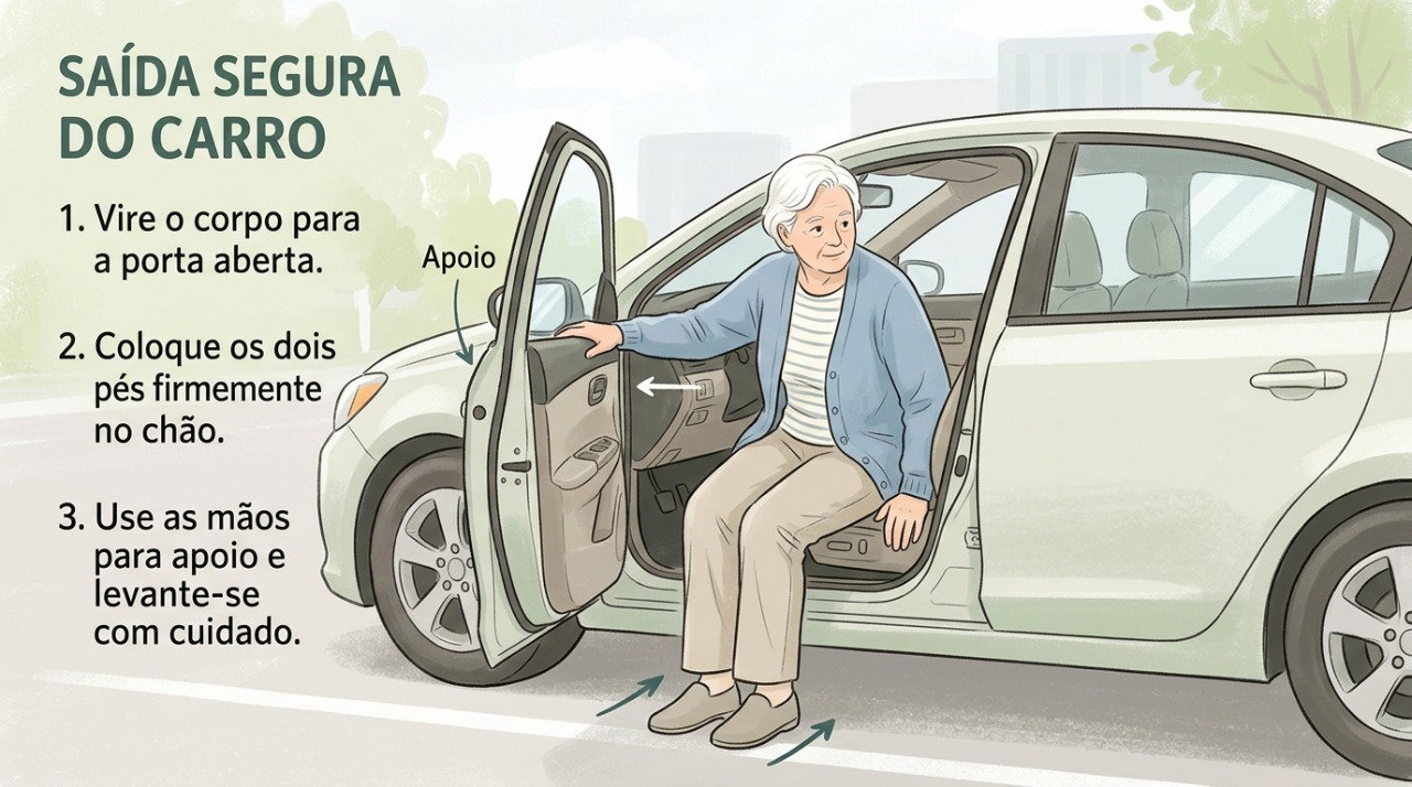Girar o corpo e apoiar os pés no chão antes de levantar ajuda a sair do carro com mais conforto.