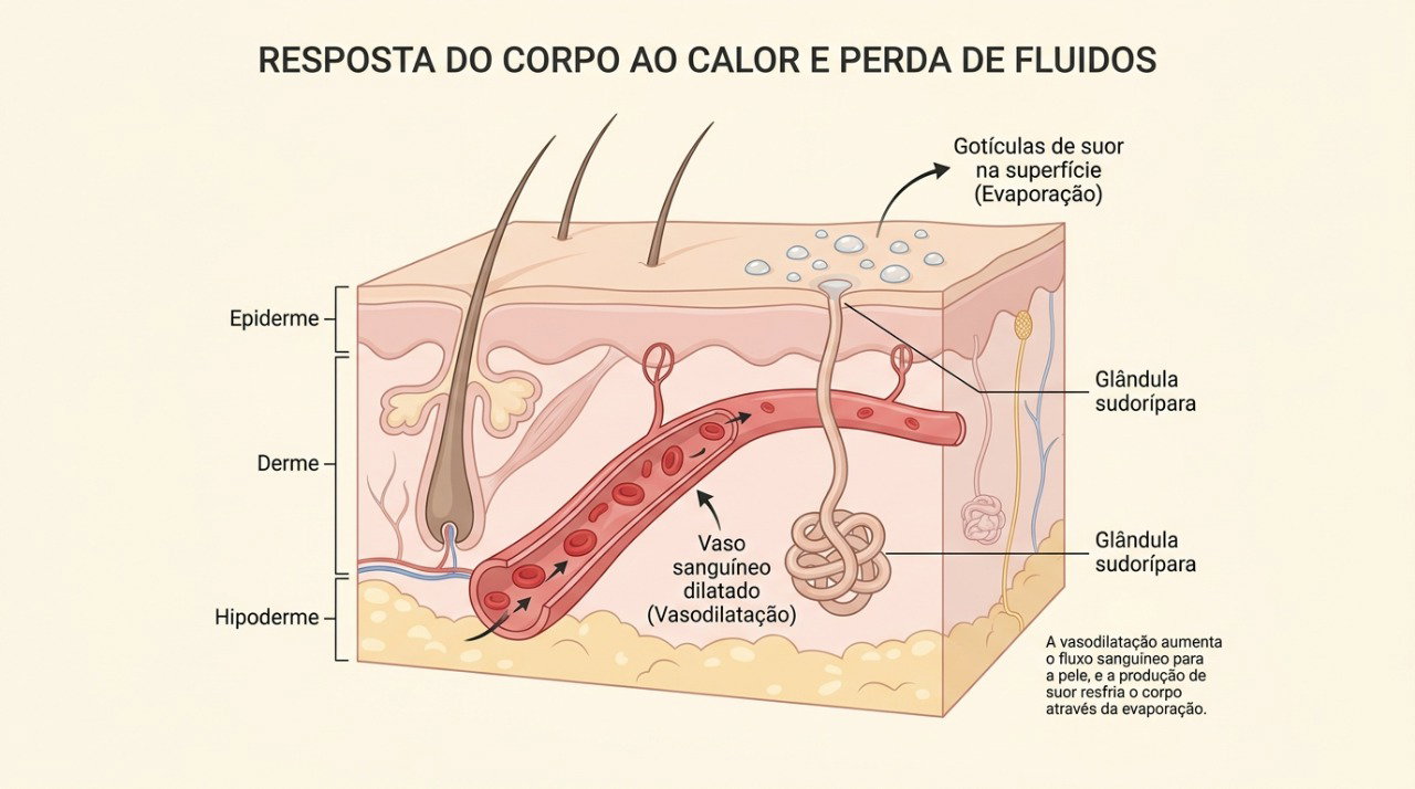 O calor provoca dilatação dos vasos sanguíneos e aumenta a perda de líquidos pelo suor.