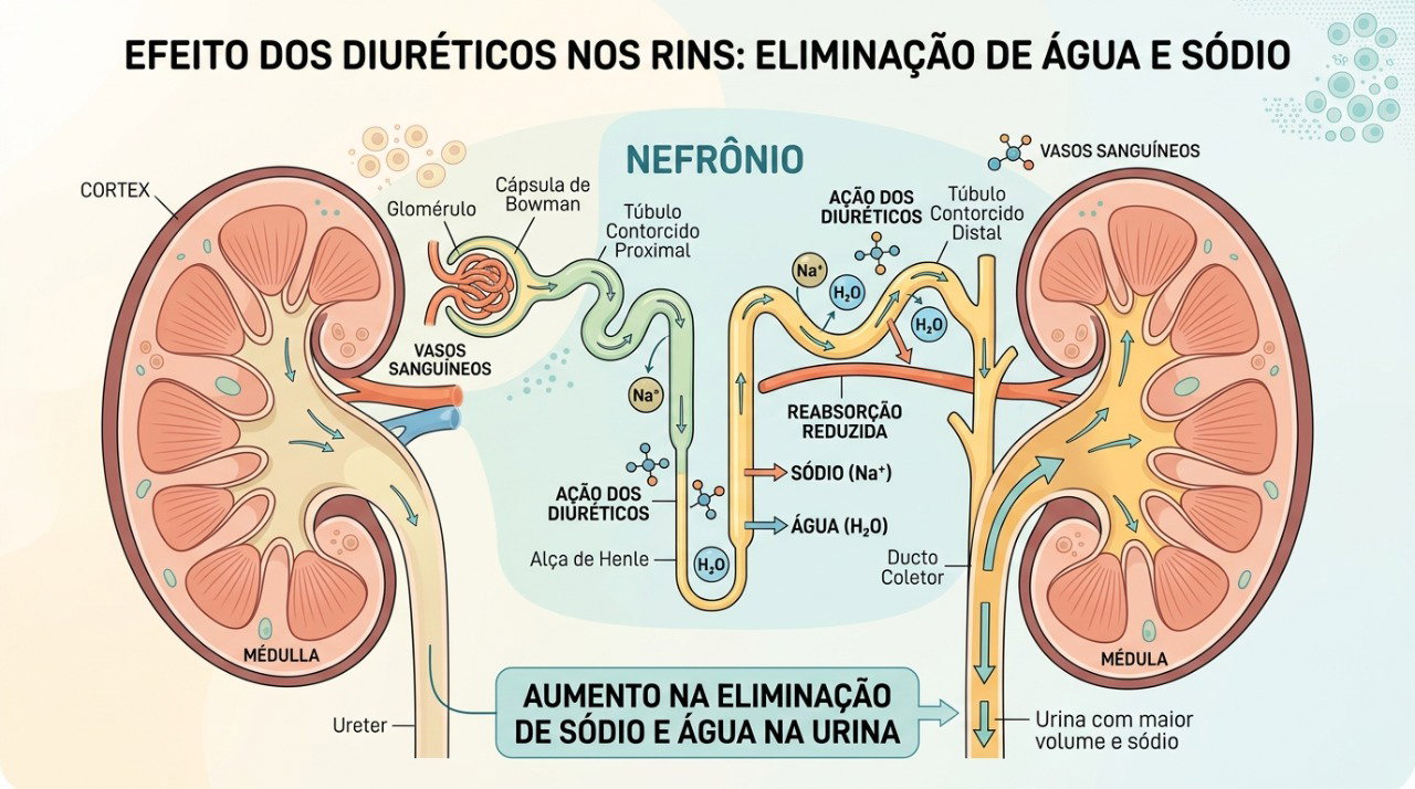 Os diuréticos aumentam a eliminação de água e sódio pelos rins, exigindo cuidados adicionais durante o calor.