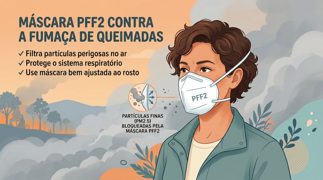 A máscara PFF2 bem ajustada ajuda a reduzir a inalação de partículas presentes na fumaça das queimadas.