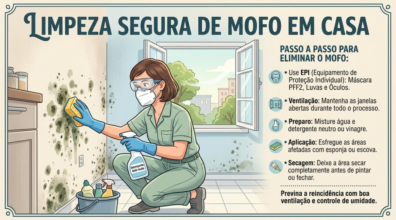 O uso de equipamentos de proteção ajuda a reduzir a exposição ao mofo durante a limpeza após enchentes.