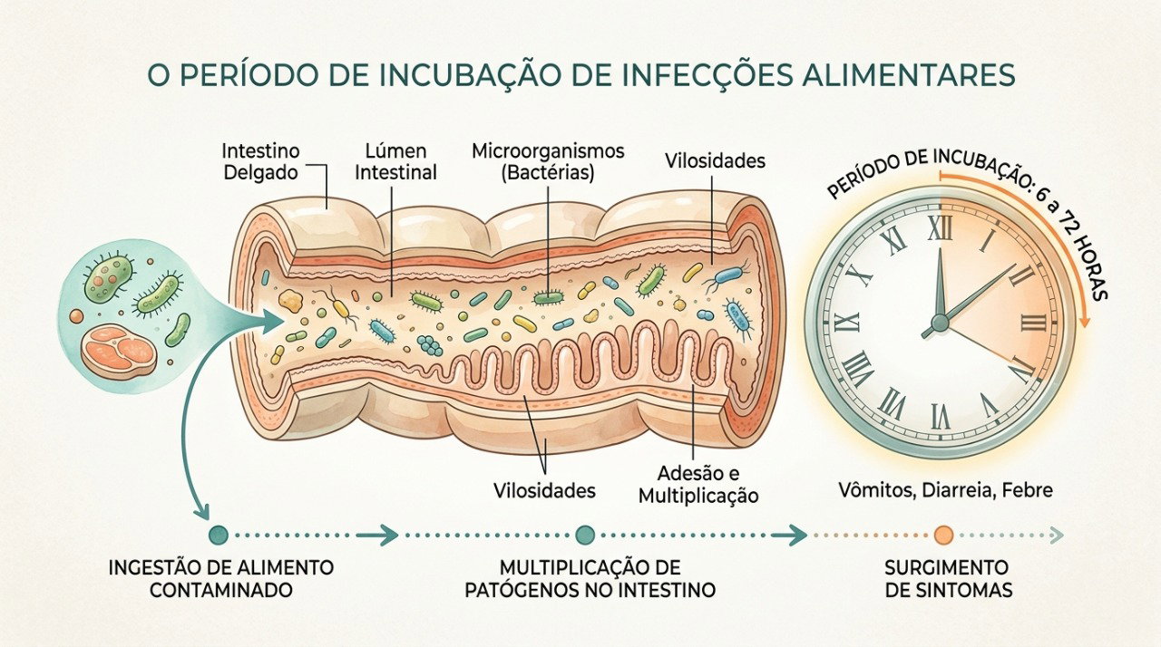 O período de incubação varia conforme o microrganismo e pode fazer os sintomas surgirem dias após a contaminação.