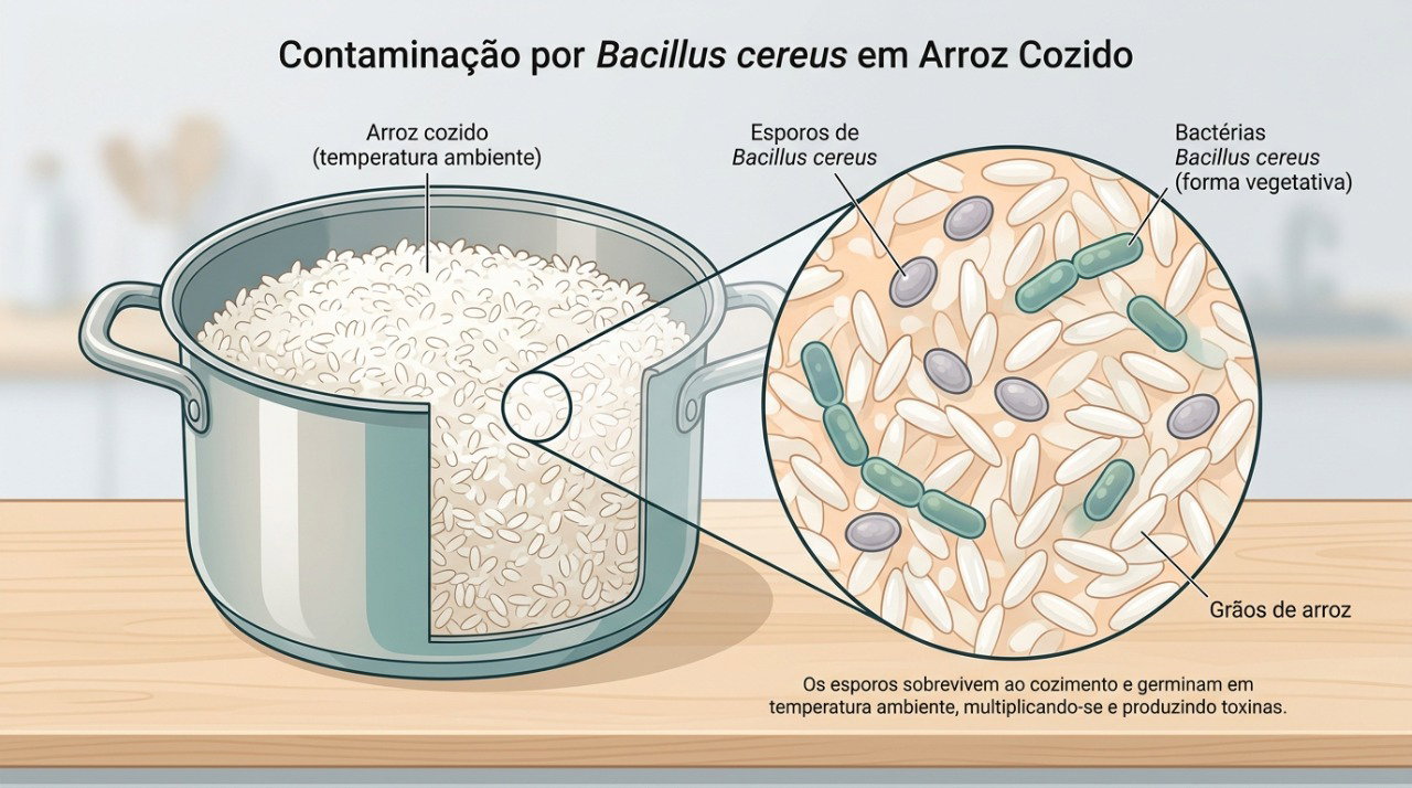 O arroz cozido deixado fora da geladeira pode favorecer a multiplicação de Bacillus cereus e a produção de toxinas.