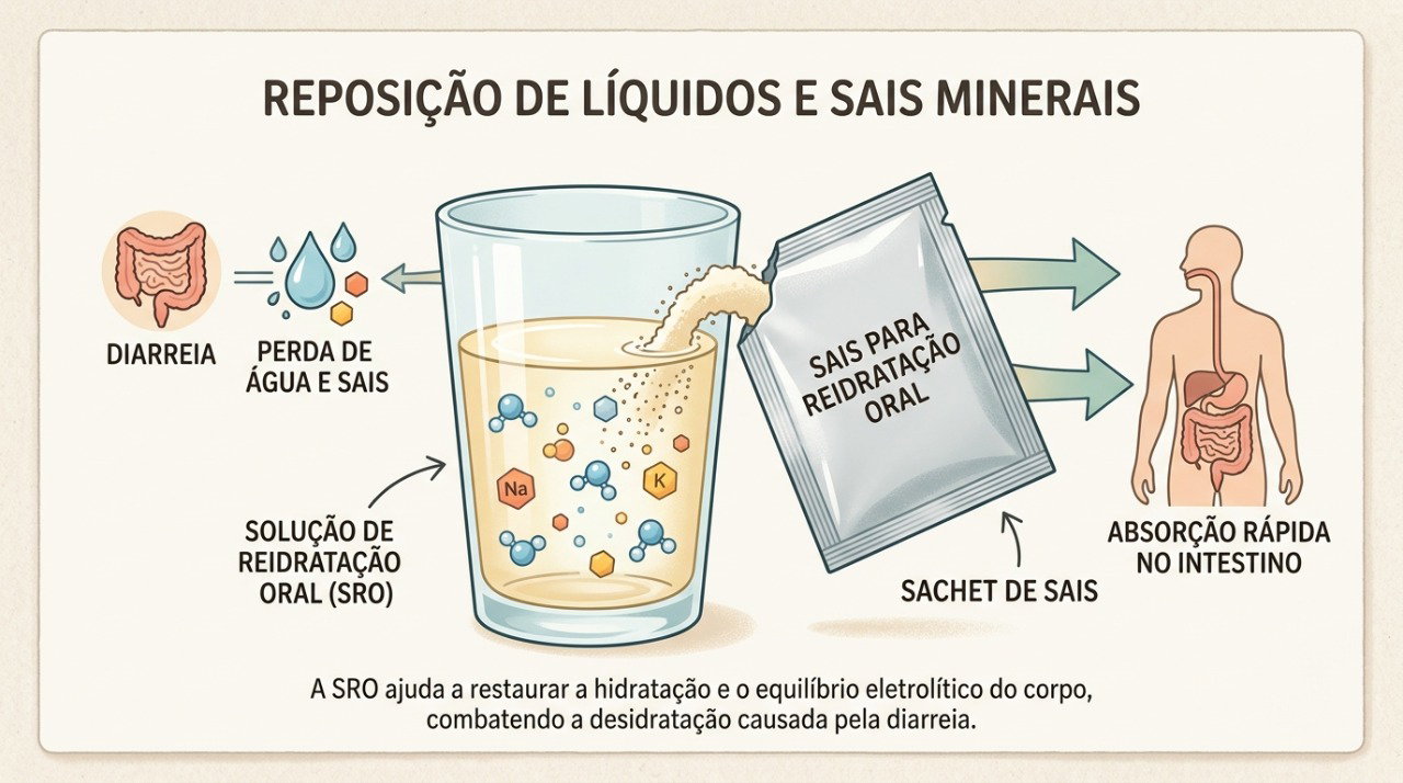O soro de reidratação oral ajuda a repor a água e os sais minerais perdidos durante a diarreia.