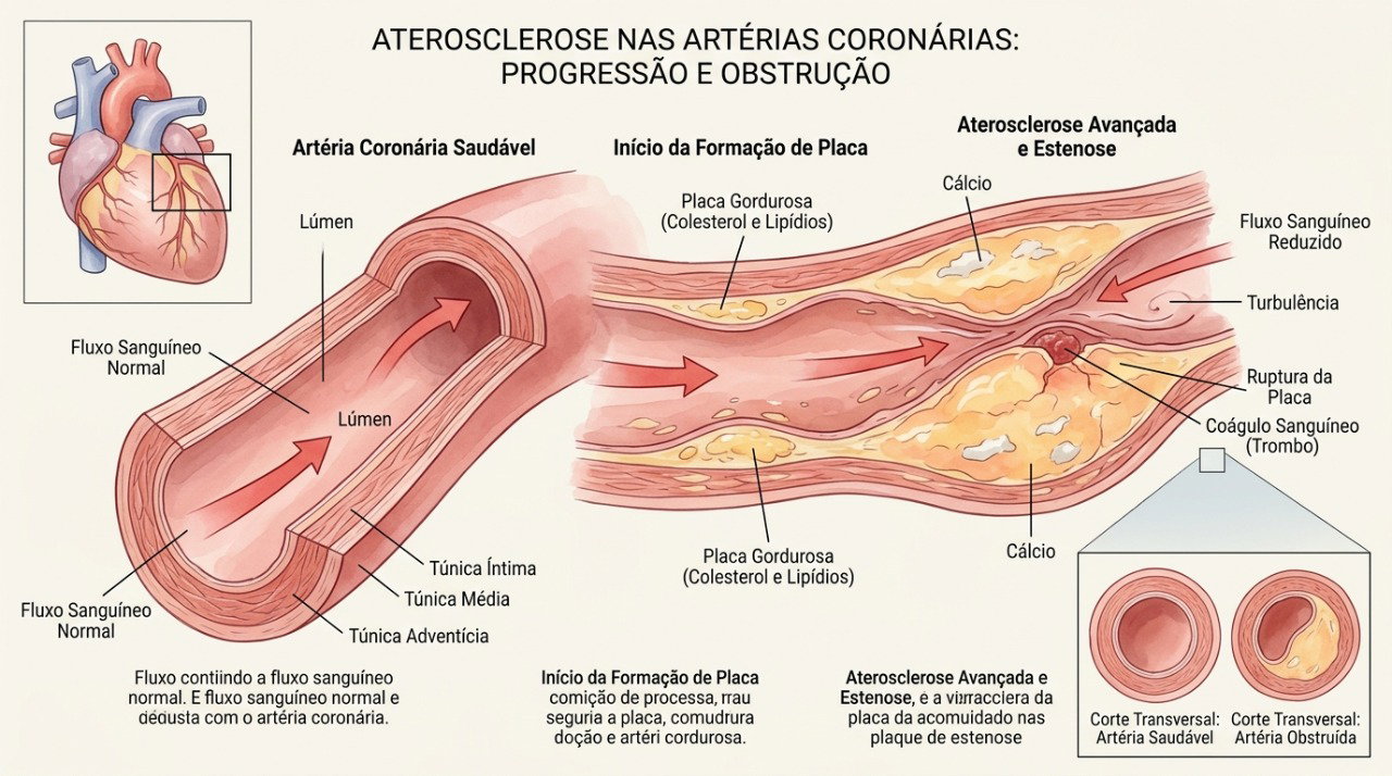 O estreitamento das artérias coronárias pode reduzir o fluxo de sangue para o coração durante o esforço.