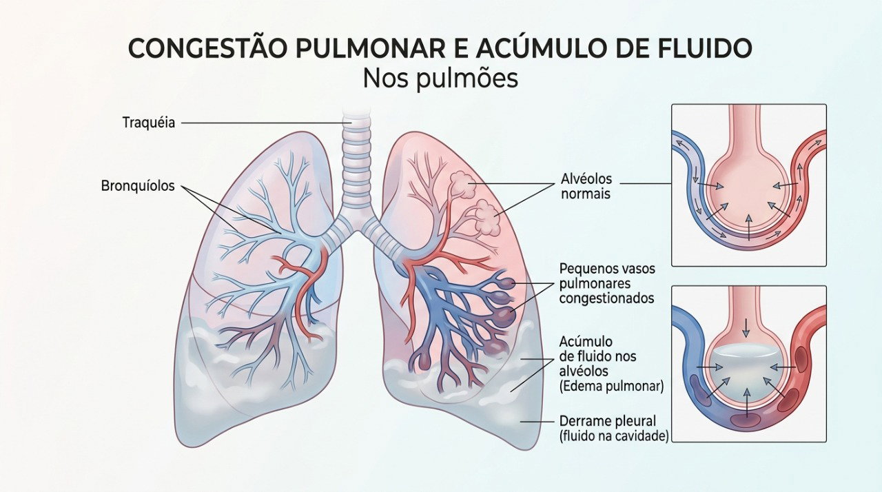 O acúmulo de líquido nos pulmões pode dificultar a respiração, especialmente na posição deitada.