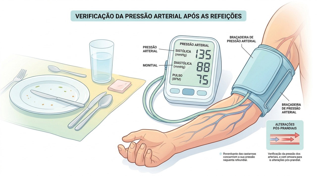 A medição da pressão arterial antes e depois das refeições pode ajudar na investigação da hipotensão pós-prandial.